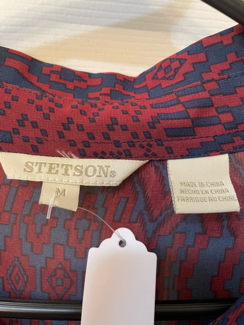 Stetson Western Aztec Sheer Blouse Size M Red Navy Button Up - Picture 2 of 5
